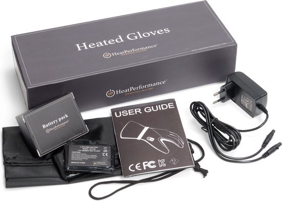 Verpakking van de verwarmde handschoenen met batterijpakket, oplader en gebruikershandleiding.