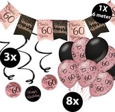Verjaardag Versiering Pakket 60 jaar Roze en Zwart - Ballonnen Zwart & Roze (8 stuks) - Vlaggenlijn Rosé en Zwart 6 meter (1 stuks) - Vlaggenlijn gekleurd 60 jarige - Vlaggetjes Slinger Verjaardag 60 Birthday - Birthday Party Decoratie (60 Jaar)
