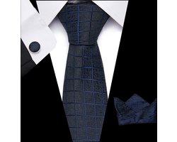 Luxe Stropdas Blauw Geruit | Stropdas Set met Manchetknopen, Pochet en Dasspeld | Luxe Geschenkverpakking | Mannen Cadeau |