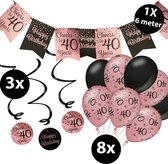 Verjaardag Versiering Pakket 40 jaar Roze en Zwart - Ballonnen Zwart & Roze (8 stuks) - Vlaggenlijn Rosé en Zwart 6 meter (1 stuks) - Vlaggenlijn gekleurd 40 jarige - Vlaggetjes Slinger Verjaardag 40 Birthday - Birthday Party Decoratie (40 Jaar)