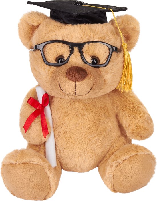 BRUBAKER Teddy Pluche Beer Bril Afstudeerhoed - Geslaagd Cadeau - Diploma - Knuffel voor Afstuderen - Graduation - Examen - Cadeau Idee voor Afstuderen - Bachelor Master- 25 cm - Lichtbruin