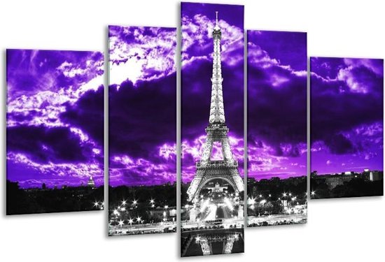 Glasschilderij Eiffeltoren - Grijs, Paars, Zwart - 170x100cm 5Luik - Foto Op Glas - Geen Acrylglas Schilderij - 6000+ Glasschilderijen Collectie - Wanddecoratie