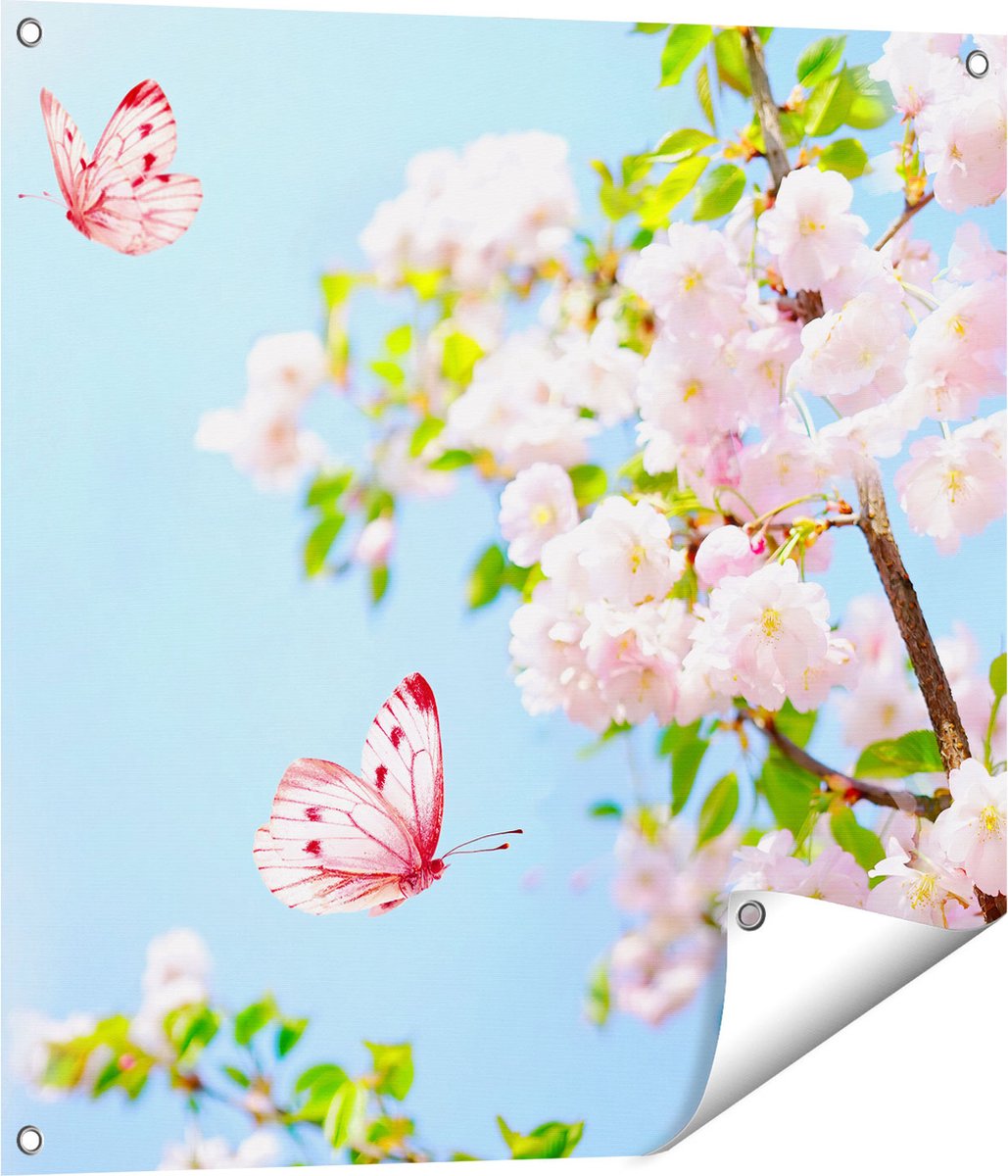 Gards Tuinposter Twee Roze Vlinders bij Roze Bloesem Bloemen - 70x70 cm - Tuindoek - Tuindecoratie - Wanddecoratie buiten - Tuinschilderij Multikleur