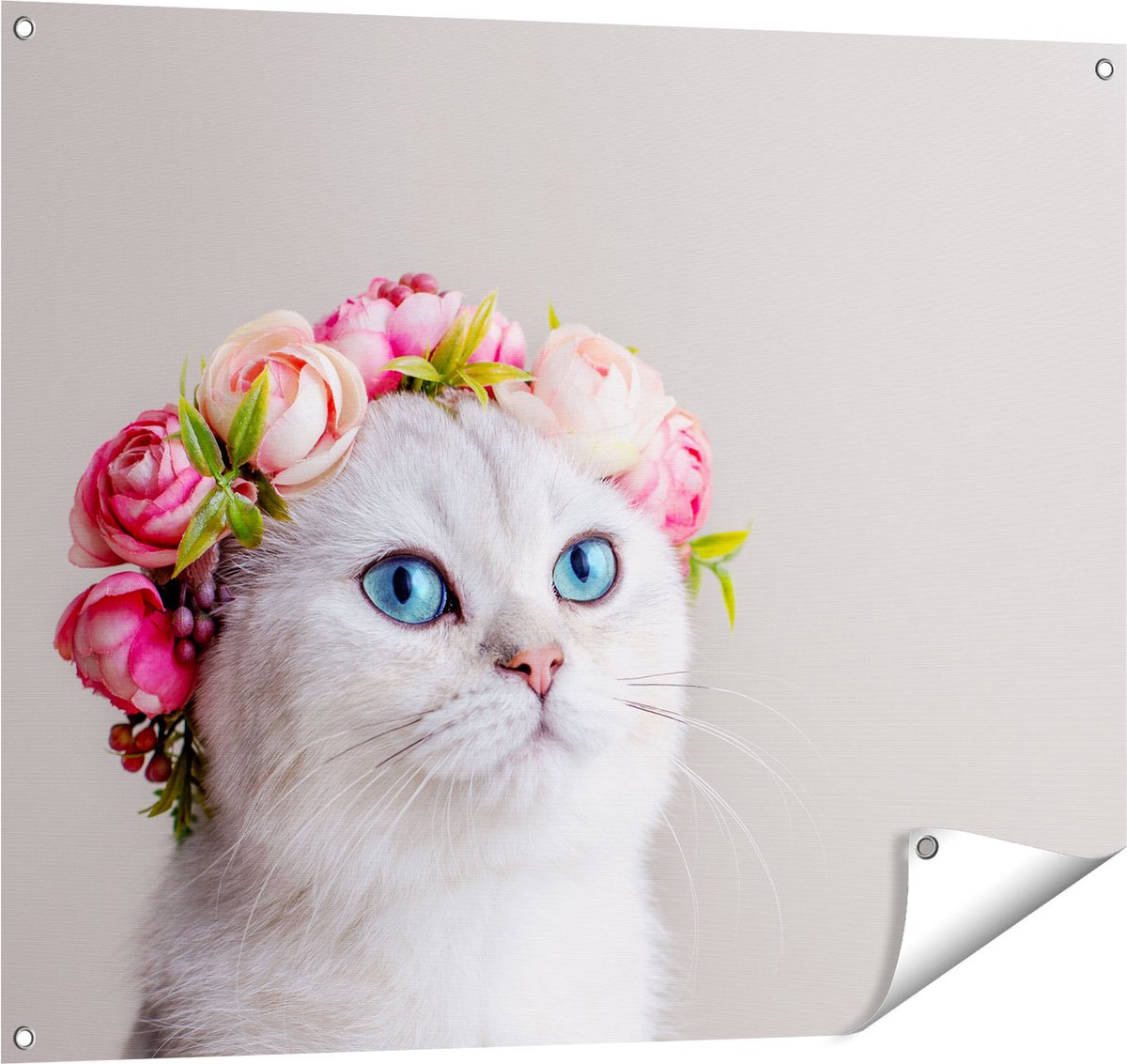 Gards Tuinposter Kat met een Bloemen Kroon - 100x80 cm - Tuindoek - Tuindecoratie - Wanddecoratie buiten - Tuinschilderij Multikleur