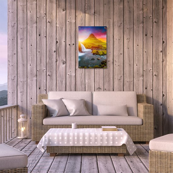 Gards Tuinposter Waterval bij een Vulkaan met Zonsondergang - 40x60 cm - Tuindoek - Tuindecoratie - Wanddecoratie buiten - Tuinschilderij