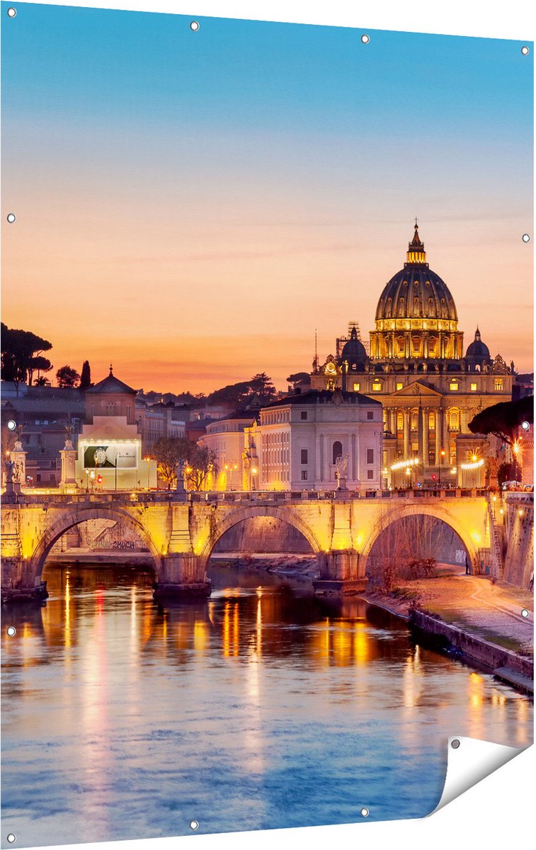 Gards Tuinposter Engelenbrug in Rome bij Zonsondergang - 120x160 cm - Tuindoek - Tuindecoratie - Wanddecoratie buiten - Tuinschilderij Multikleur