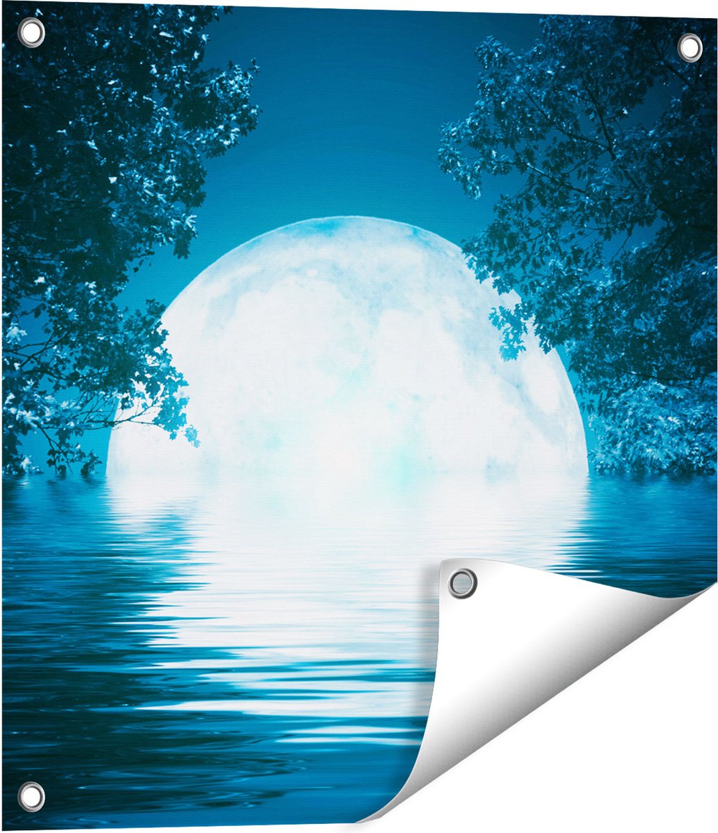 Gards Tuinposter Volle Maan in het Water - 50x50 cm - Tuindoek - Tuindecoratie - Wanddecoratie buiten - Tuinschilderij Multikleur