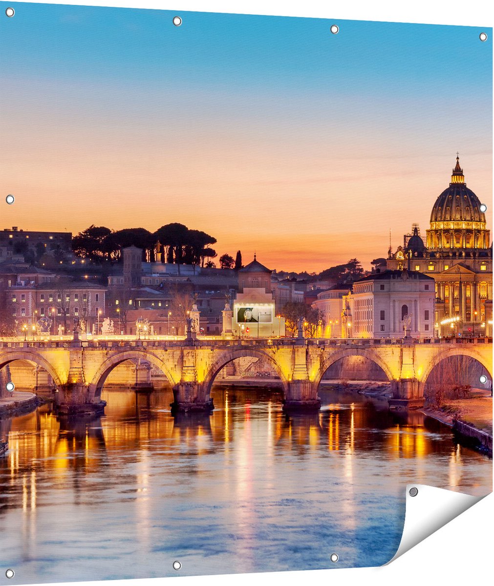 Gards Tuinposter Engelenbrug in Rome bij Zonsondergang - 110x110 cm - Tuindoek - Tuindecoratie - Wanddecoratie buiten - Tuinschilderij Multikleur
