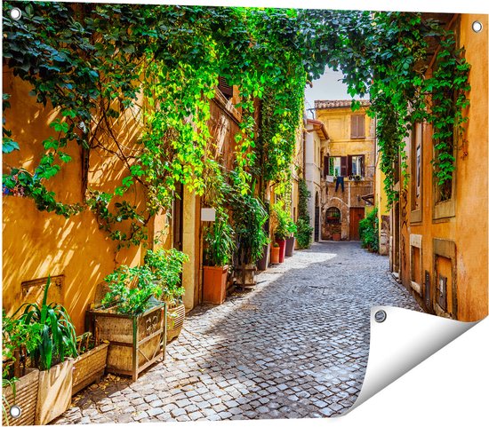 Gards Tuinposter Straatje in Rome met Groene Planten - 80x60 cm - Tuindoek - Tuindecoratie - Wanddecoratie buiten - Tuinschilderij