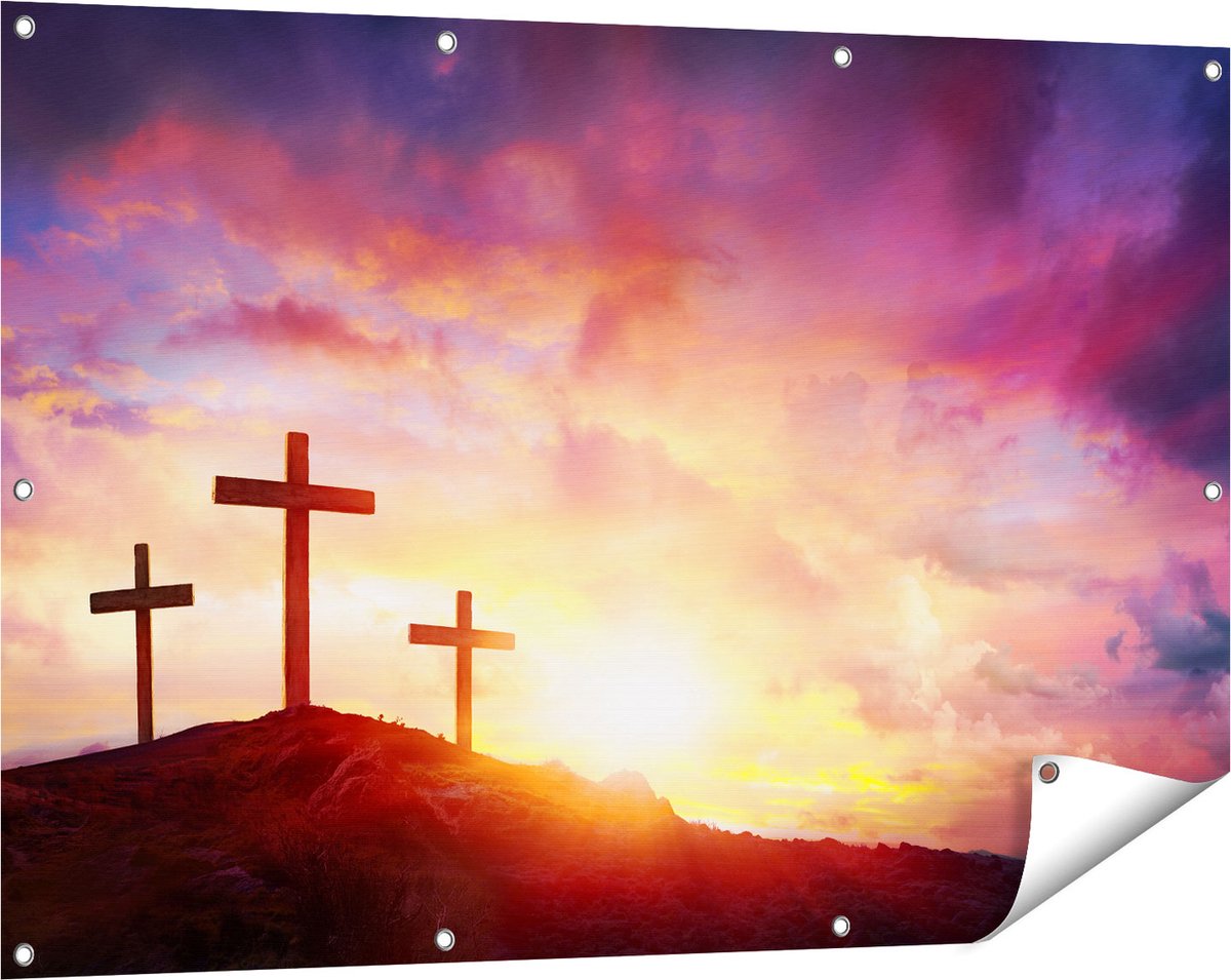 Gards Tuinposter Kruisiging van Jezus Christus - Drie Kruisen - 120x80 cm - Tuindoek - Tuindecoratie - Wanddecoratie buiten - Tuinschilderij Multikleur