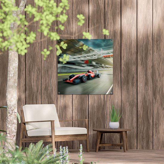 Gards Tuinposter Formule 1 Auto bij de Finish in het Rood - 70x70 cm - Tuindoek - Tuindecoratie - Wanddecoratie buiten - Tuinschilderij