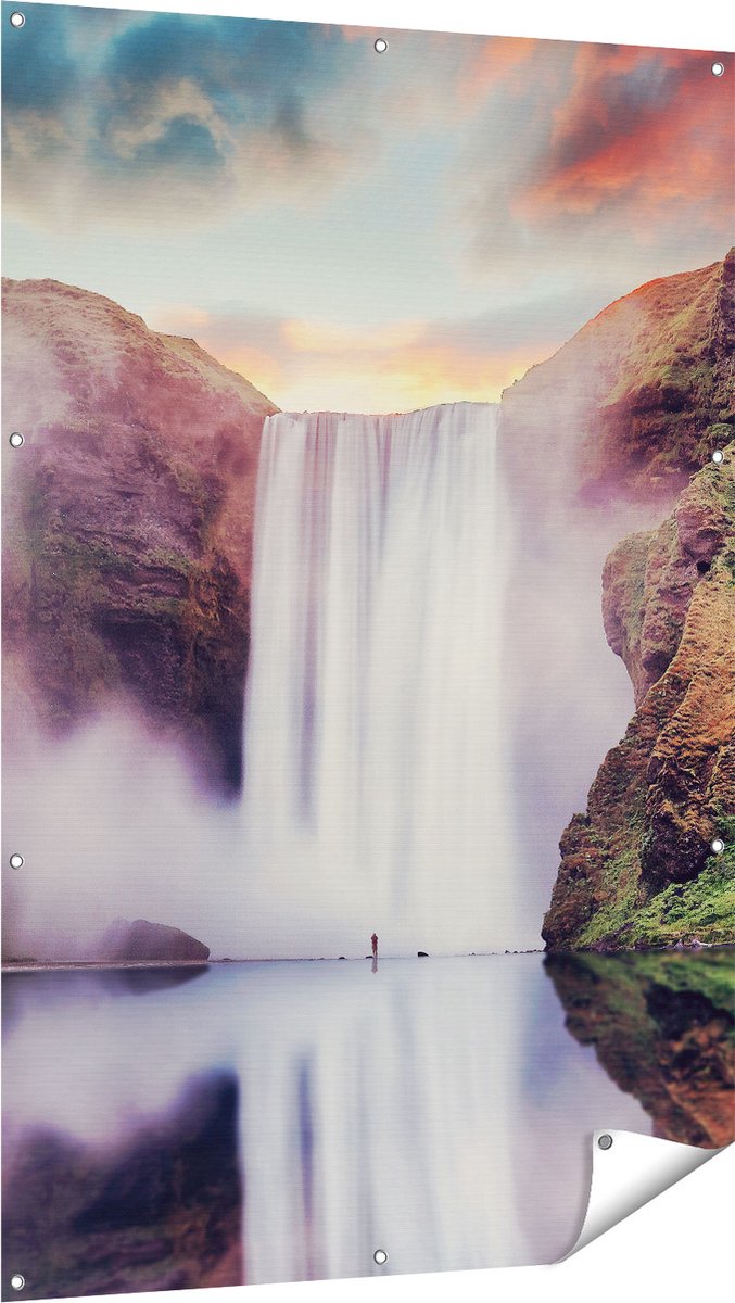 Gards Tuinposter Waterval met een Weerspiegeling in het Water - 100x150 cm - Tuindoek - Tuindecoratie - Wanddecoratie buiten - Tuinschilderij Multikleur