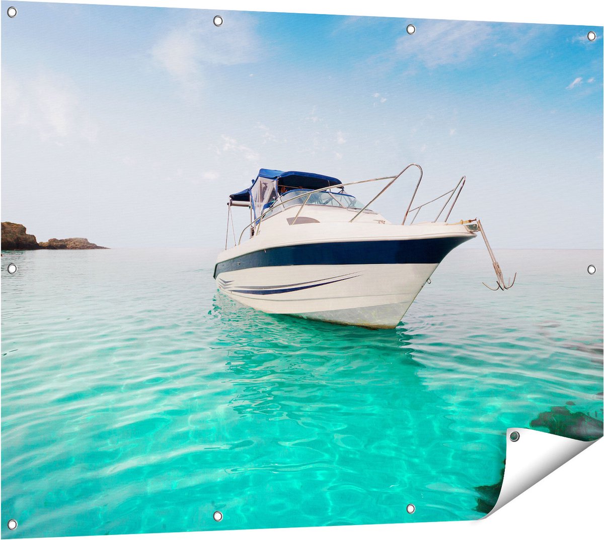Gards Tuinposter Motorboot aan het Strand met Blauw Water - 120x90 cm - Tuindoek - Tuindecoratie - Wanddecoratie buiten - Tuinschilderij Multikleur