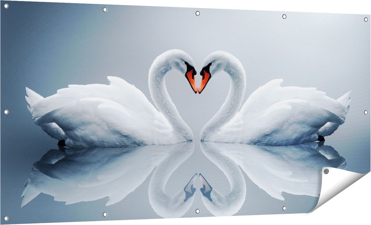 Gards Tuinposter Twee Zwanen in een Hart Vorm - 160x80 cm - Tuindoek - Tuindecoratie - Wanddecoratie buiten - Tuinschilderij Multikleur