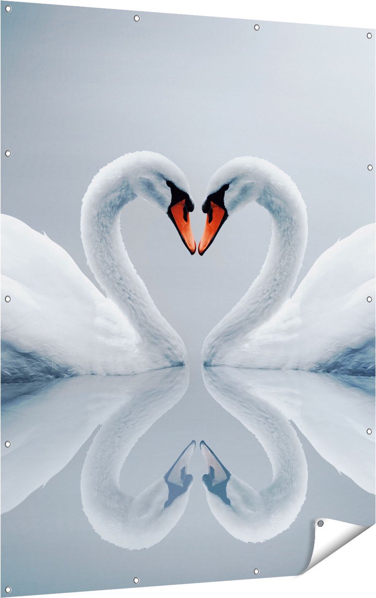 Gards Tuinposter Twee Zwanen in een Hart Vorm - 120x160 cm - Tuindoek - Tuindecoratie - Wanddecoratie buiten - Tuinschilderij Multikleur