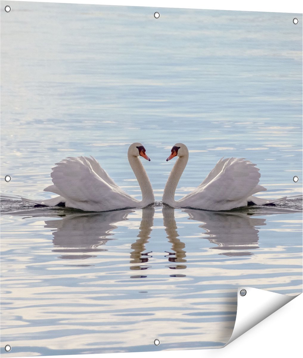 Gards Tuinposter Zwanen Koppel op het Water - 90x90 cm - Tuindoek - Tuindecoratie - Wanddecoratie buiten - Tuinschilderij Multikleur