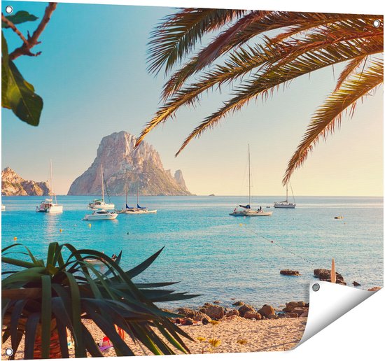 Gards Tuinposter Ibiza Cala d'Hort Strand - 100x80 cm - Tuindoek - Tuindecoratie - Wanddecoratie buiten - Tuinschilderij