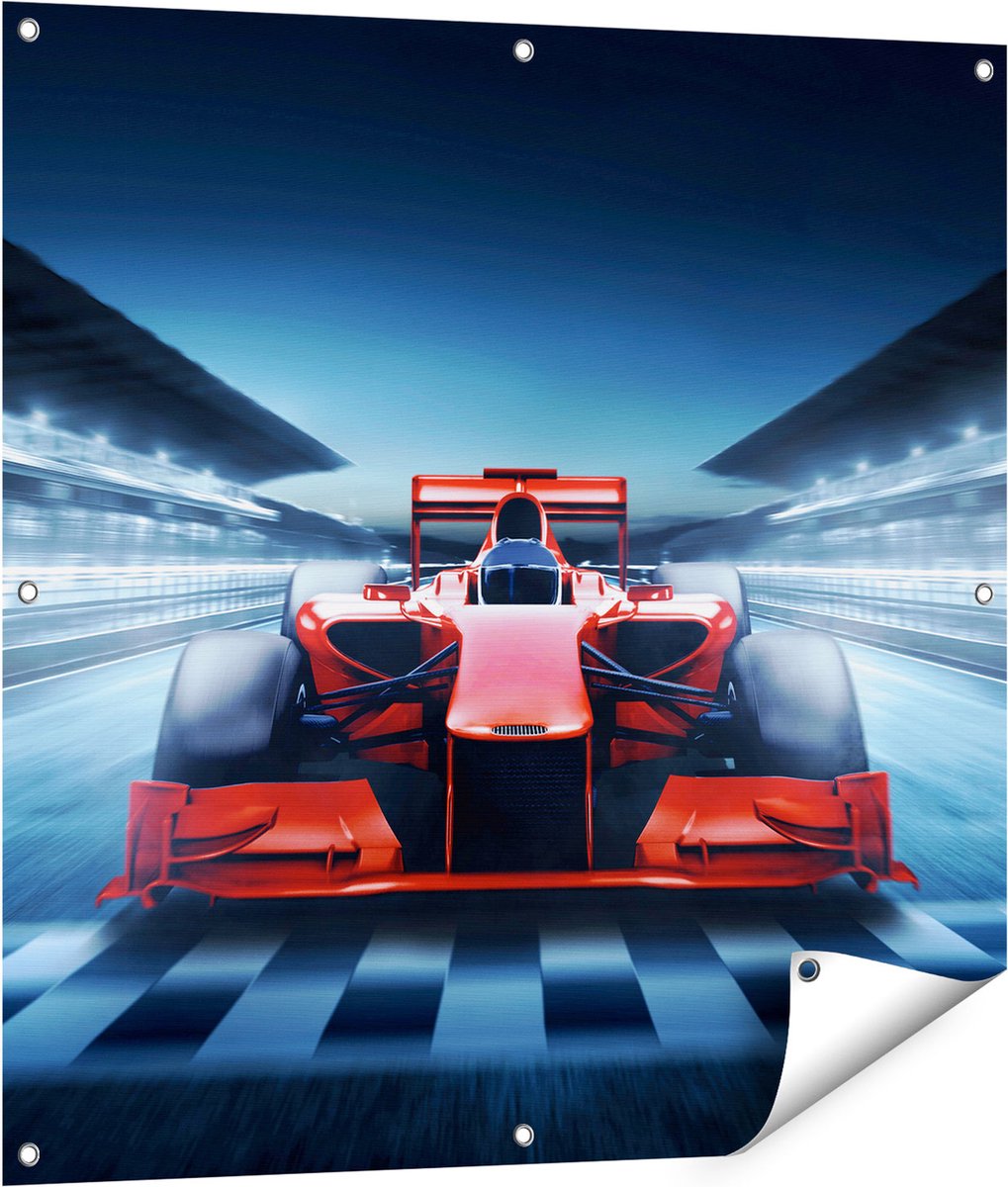 Gards Tuinposter Formule 1 Auto bij de Finish - Rood - 90x90 cm - Tuindoek - Tuindecoratie - Wanddecoratie buiten - Tuinschilderij Multikleur
