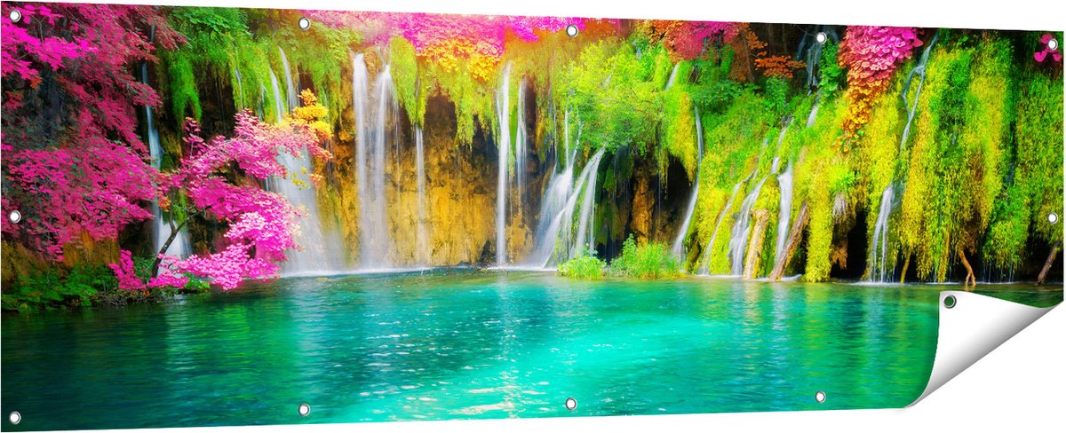 Gards Tuinposter Waterval met Roze en Groene Bloemen - 180x60 cm - Tuindoek - Tuindecoratie - Wanddecoratie buiten - Tuinschilderij Multikleur