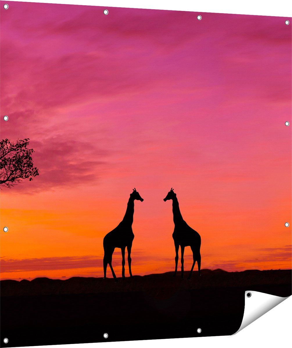 Gards Tuinposter Twee Giraffe Silhouetten bij Zonsondergang - 120x120 cm - Tuindoek - Tuindecoratie - Wanddecoratie buiten - Tuinschilderij Multikleur
