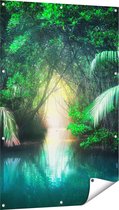 Gards Tuinposter Tropische Jungle met een Turquoise Meer - 80x120 cm - Tuindoek - Tuindecoratie - Wanddecoratie buiten - Tuinschilderij