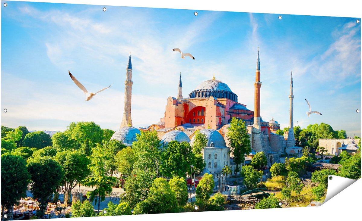 Gards Tuinposter Hagia Sophia Moskee in Istanbul - 200x100 cm - Tuindoek - Tuindecoratie - Wanddecoratie buiten - Tuinschilderij Multikleur