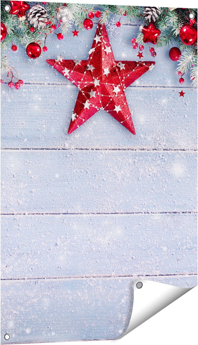 Gards Tuinposter Kerst Achtergrond met Sneeuw op Tafel - 60x90 cm - Tuindoek - Tuindecoratie - Wanddecoratie buiten - Tuinschilderij Multikleur