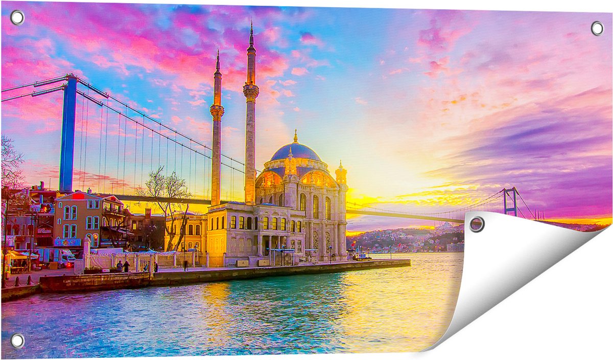 Gards Tuinposter Kleurrijke Ortakoy Moskee in Instanbul - 80x40 cm - Tuindoek - Tuindecoratie - Wanddecoratie buiten - Tuinschilderij Multikleur