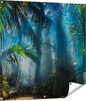 Gards Tuinposter Dichtbegroeide Jungle met Zonnestralen - 100x100 cm - Tuindoek - Tuindecoratie - Wanddecoratie buiten - Tuinschilderij