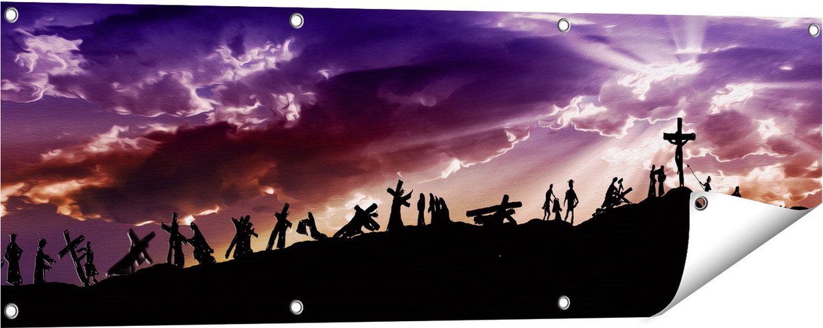 Gards Tuinposter Kruistocht naar het Kruis van Jezus Christus - 120x40 cm - Tuindoek - Tuindecoratie - Wanddecoratie buiten - Tuinschilderij Multikleur