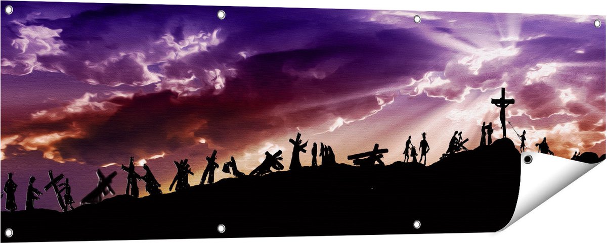 Gards Tuinposter Kruistocht naar het Kruis van Jezus Christus - 150x50 cm - Tuindoek - Tuindecoratie - Wanddecoratie buiten - Tuinschilderij Multikleur