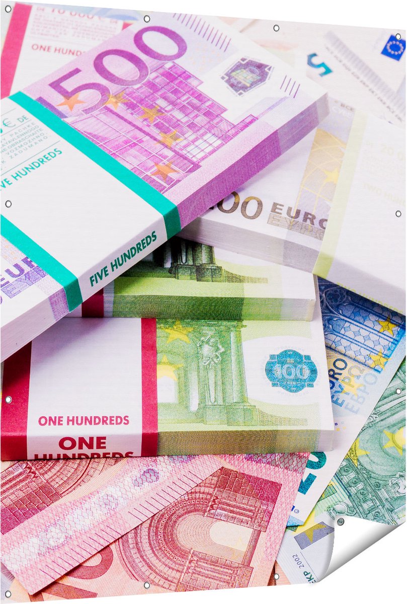 Gards Tuinposter Euro Geld Briefjes - Stapels - 120x150 cm - Tuindoek - Tuindecoratie - Wanddecoratie buiten - Tuinschilderij Multikleur