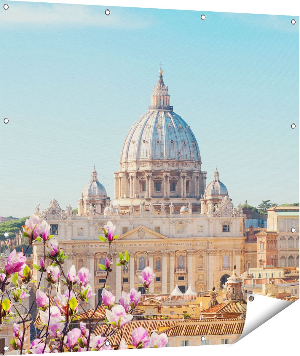 Gards Tuinposter Sint Pietersbasiliek in Rome met Bloemen - 110x110 cm - Tuindoek - Tuindecoratie - Wanddecoratie buiten - Tuinschilderij Multikleur