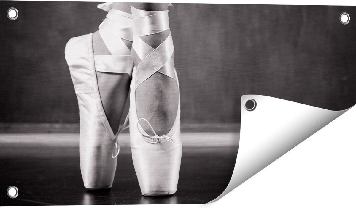 Gards Tuinposter Ballet Schoenen van een Ballerina - Zwart Wit - 60x30 cm - Tuindoek - Tuindecoratie - Wanddecoratie buiten - Tuinschilderij Multikleur