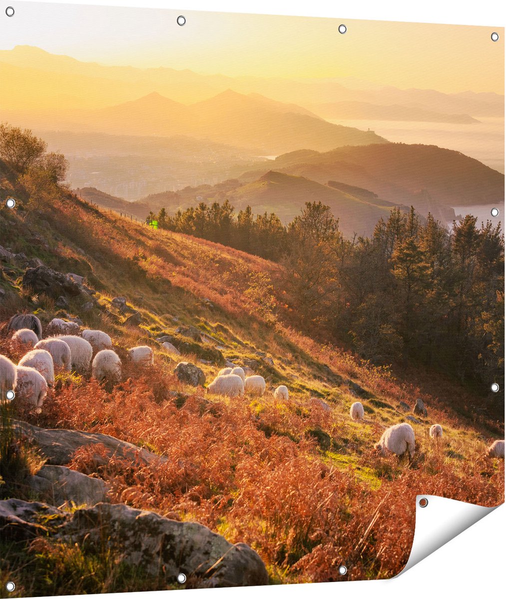 Gards Tuinposter Schapen in de Bergen - 110x110 cm - Tuindoek - Tuindecoratie - Wanddecoratie buiten - Tuinschilderij Multikleur