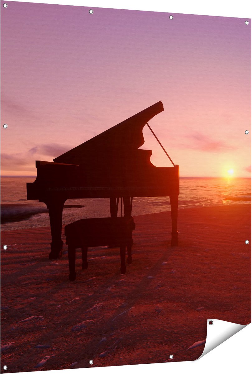 Gards Tuinposter Piano op het Strand bij Zonsondergang - 120x150 cm - Tuindoek - Tuindecoratie - Wanddecoratie buiten - Tuinschilderij Multikleur