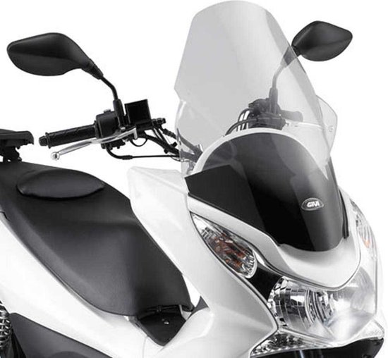 Pare-brise Givi transparent pour moto Honda PCX avec panneau noir et logo de la marque.