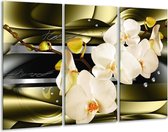 GroepArt - Schilderij -  Orchidee - Groen, Crème - 120x80cm 3Luik - 6000+ Schilderijen 0p Canvas Art Collectie