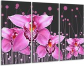 GroepArt - Schilderij -  Orchidee - Roze, Grijs - 120x80cm 3Luik - 6000+ Schilderijen 0p Canvas Art Collectie