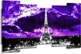 GroepArt - Canvas Schilderij - Eiffeltoren - Grijs, Paars, Zwart - 150x80cm 5Luik- Groot Collectie Schilderijen Op Canvas En Wanddecoraties