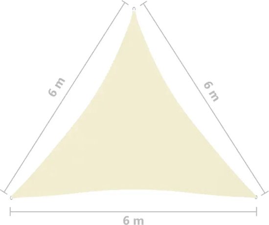 Crème-kleurig driehoekig zonnedoek met afmetingen 6 x 6 x 6 meter.