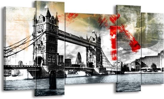 GroepArt - Schilderij - Engeland, London - Zwart, Wit, Rood - 120x65cm 5Luik - Foto Op Canvas - GroepArt 6000+ Schilderijen 0p Canvas Art Collectie - Wanddecoratie