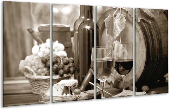 GroepArt - Glasschilderij - Wijn, Keuken - Sepia - 160x80cm 4Luik - Foto Op Glas - Geen Acrylglas Schilderij - 6000+ Glasschilderijen Collectie - Wanddecoratie
