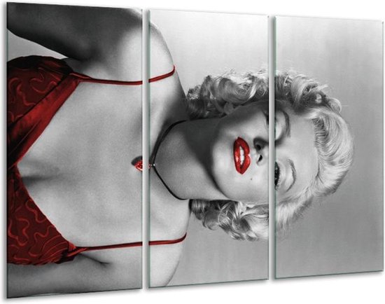 Glasschilderij Marilyn Monroe - Grijs, Zwart, Rood - 120x80cm 3Luik - Foto Op Glas - Geen Acrylglas Schilderij - GroepArt 6000+ Glas Art Collectie - Maatwerk Mogelijk