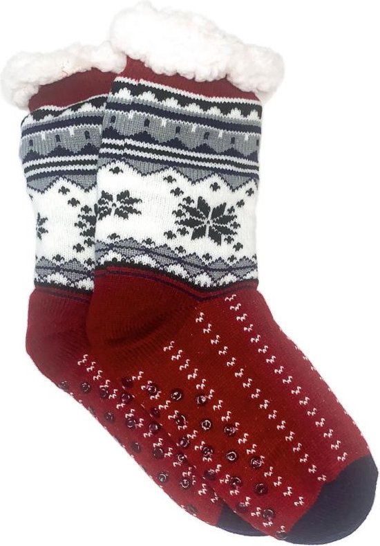 Merino Wollen sokken - Rood met Sneeuwvlok - maat 35/38 - Huissokken - Antislip sokken - Warme sokken – Winter sokken