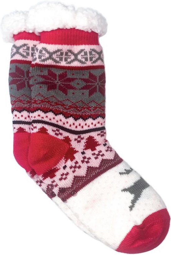 Merino Wollen sokken - Roze met sneeuwvlok/rendier - maat 35/38 - Huissokken - Antislip sokken - Warme sokken – Winter sokken