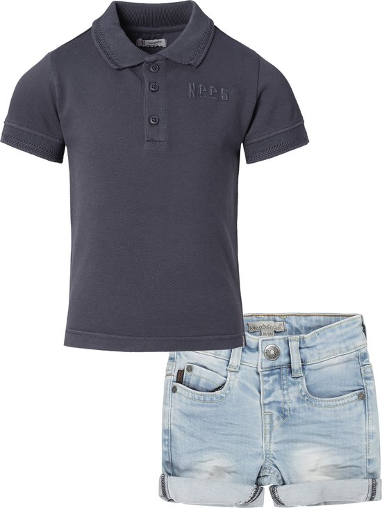 Noppies - Koko Noko - Kledingset - 2delig - Jongens - Short Blue Jeans - Shirt Polo Giresum Ebony Donker grijs - Maat 110