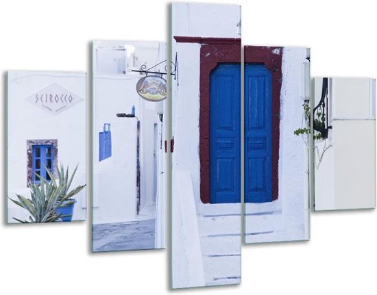 Glasschilderij -  Griekenland - Wit, Blauw - 100x70cm 5Luik - Geen Acrylglas Schilderij - GroepArt 6000+ Glasschilderijen Collectie - Wanddecoratie- Foto Op Glas