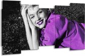 GroepArt - Canvas Schilderij - Marilyn Monroe - Zwart, Grijs, Paars - 150x80cm 5Luik- Groot Collectie Schilderijen Op Canvas En Wanddecoraties