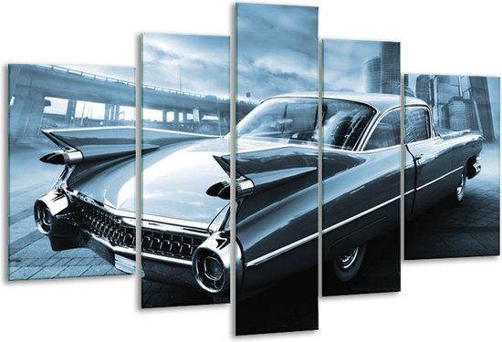 Glasschilderij Auto, Oldtimer - Blauw - 170x100cm 5Luik - Foto Op Glas - Geen Acrylglas Schilderij - 6000+ Glasschilderijen Collectie - Wanddecoratie